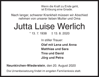 Traueranzeige von Jutta Luise Werlich von Siegener Zeitung
