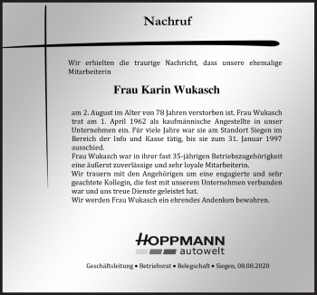 Traueranzeige von Karin Wukasch von Siegener Zeitung