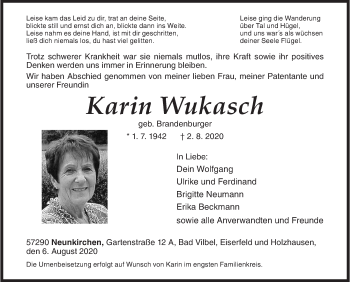Traueranzeige von Karin Wukasch von Siegener Zeitung
