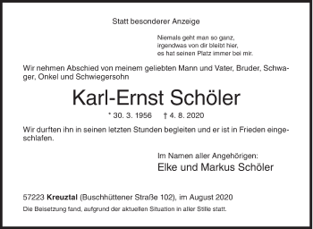 Traueranzeige von Karl-Ernst Schöler von Siegener Zeitung