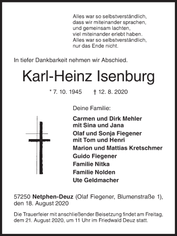 Traueranzeige von Karl-Heinz Isenburg von Siegener Zeitung