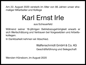 Traueranzeige von Karl Ernst Irle von Siegener Zeitung