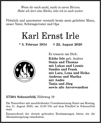 Traueranzeige von Karl Ernst Irle von Siegener Zeitung