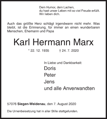 Traueranzeige von Karl Hermann Marx von Siegener Zeitung