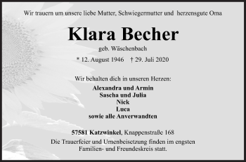 Traueranzeige von Klara Becher von Siegener Zeitung