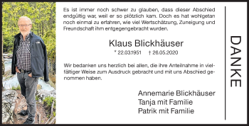Traueranzeige von Klaus Blickhäuser von Siegener Zeitung