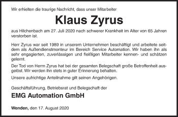 Traueranzeige von Klaus Zyrus von Siegener Zeitung