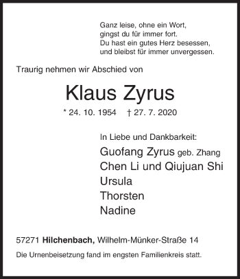 Traueranzeige von Klaus Zyrus von Siegener Zeitung