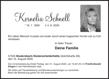 Traueranzeige von Kornelia Schnell von Siegener Zeitung