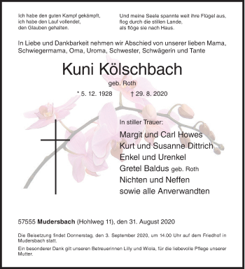 Traueranzeige von Kuni Kölschbach von Siegener Zeitung