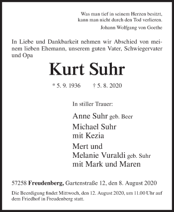 Traueranzeige von Kurt Suhr von Siegener Zeitung