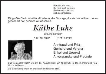 Traueranzeige von Käthe Luke von Siegener Zeitung