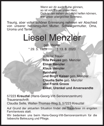 Traueranzeige von Liesel Menzler von Siegener Zeitung