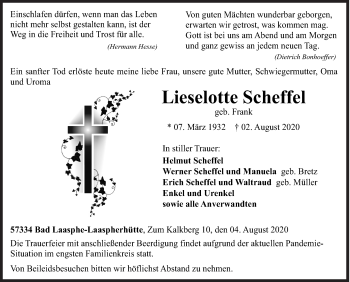 Traueranzeige von Lieselotte Scheffel von Siegener Zeitung