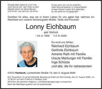 Traueranzeige von Lonny Eichbaum von Siegener Zeitung
