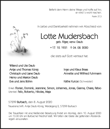 Traueranzeige von Lotte Mudersbach von Siegener Zeitung