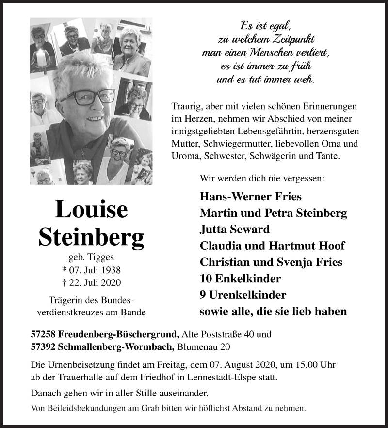  Traueranzeige für Louise Steinberg vom 01.08.2020 aus Siegener Zeitung