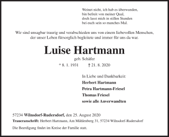 Traueranzeige von Luise Hartmann von Siegener Zeitung