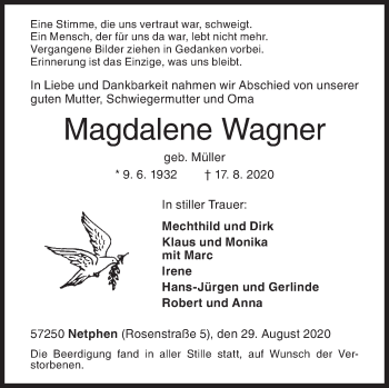 Traueranzeige von Magdalene Wagner von Siegener Zeitung