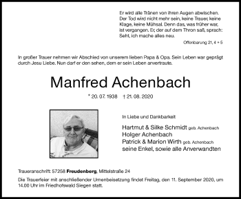 Traueranzeige von Manfred Achenbach von Siegener Zeitung