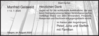 Traueranzeige von Manfred Geisweid von Siegener Zeitung