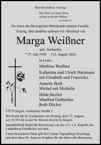 Traueranzeige von Marga Weißner von Siegener Zeitung