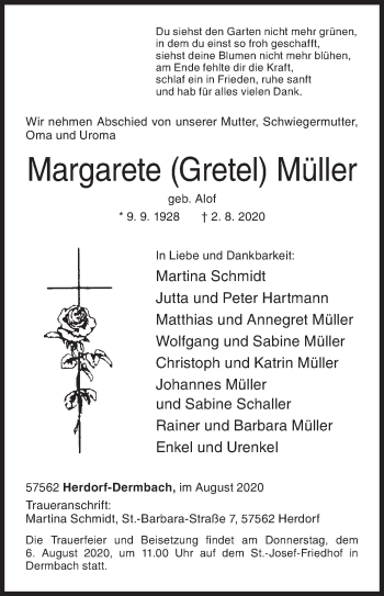 Traueranzeige von Margarete  Müller von Siegener Zeitung