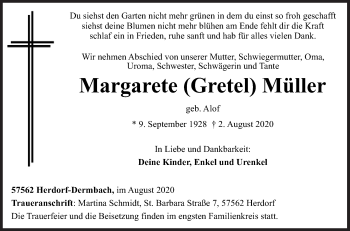 Traueranzeige von Margarete  Müller von Siegener Zeitung