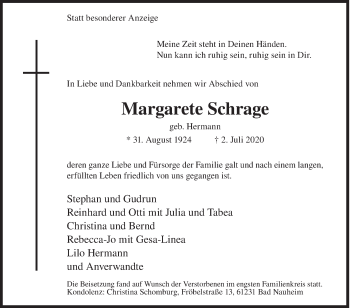 Traueranzeige von Margarete Schrage von Siegener Zeitung