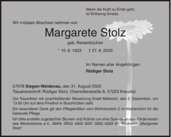 Traueranzeige von Margarete Stolz von Siegener Zeitung
