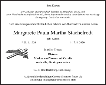 Traueranzeige von Margarete Paula Martha Stachelrodt von Siegener Zeitung
