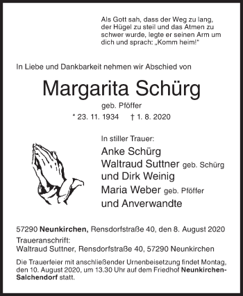 Traueranzeige von Margarita Schürg von Siegener Zeitung