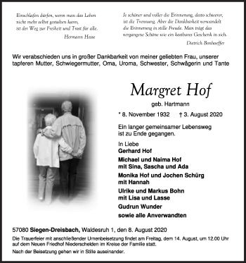 Traueranzeige von Margret Hof von Siegener Zeitung