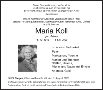 Traueranzeige von Maria Koll von Siegener Zeitung
