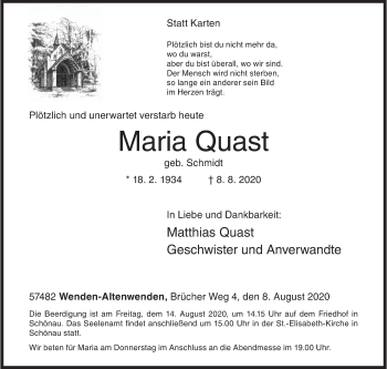 Traueranzeige von Maria Quast von Siegener Zeitung