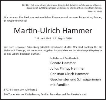 Traueranzeige von Martin-Ulrich Hammer von Siegener Zeitung