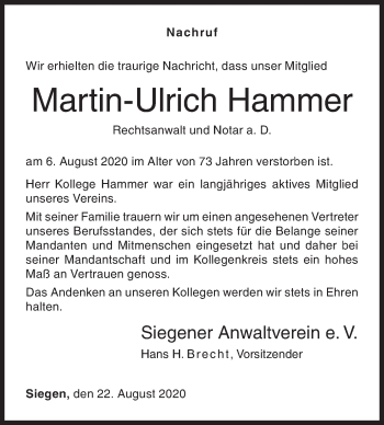 Traueranzeige von Martin-Ulrich Hammer von Siegener Zeitung