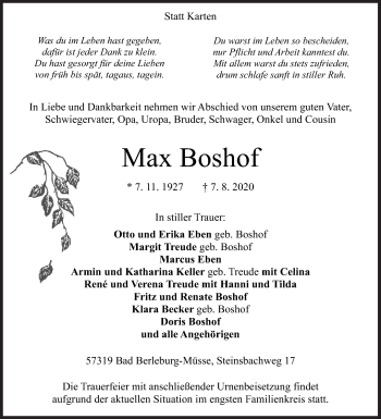 Traueranzeige von Max Boshof von Siegener Zeitung