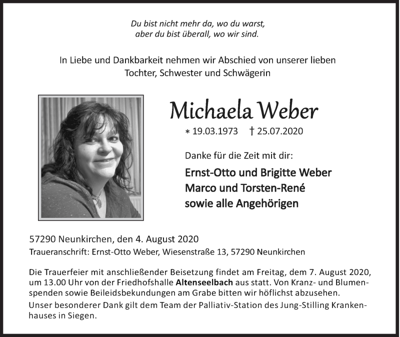  Traueranzeige für Michaela Weber vom 04.08.2020 aus Siegener Zeitung