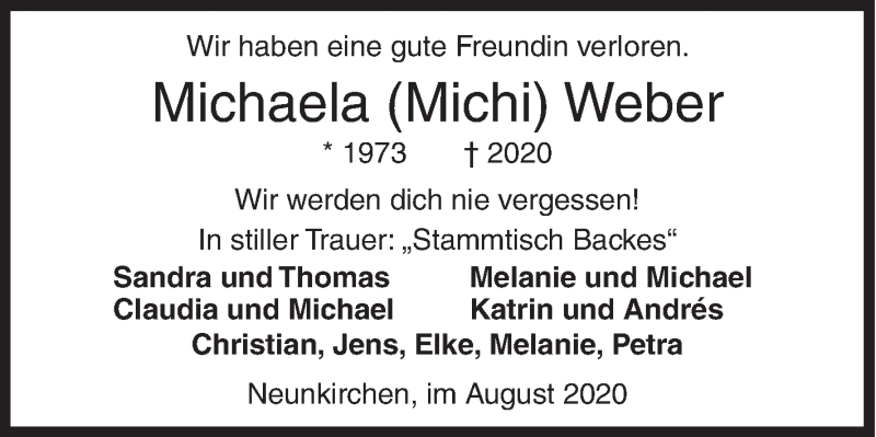  Traueranzeige für Michaela Weber vom 05.08.2020 aus Siegener Zeitung