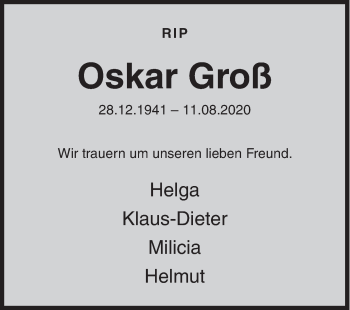 Traueranzeige von Oskar Groß von Siegener Zeitung