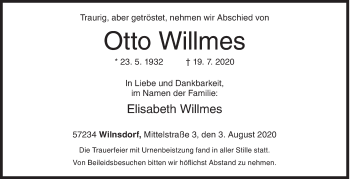 Traueranzeige von Otto Willmes von Siegener Zeitung