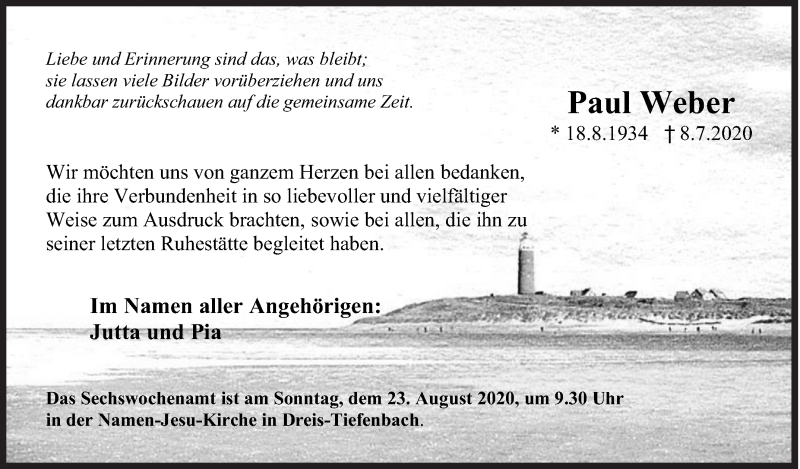  Traueranzeige für Paul Weber vom 15.08.2020 aus Siegener Zeitung