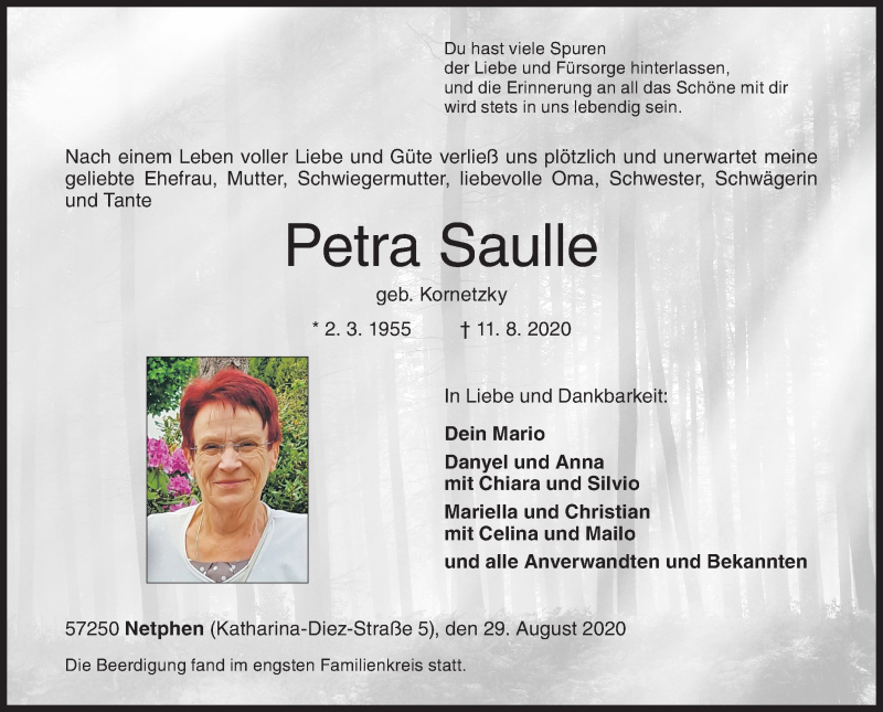  Traueranzeige für Petra Saulle vom 29.08.2020 aus Siegener Zeitung