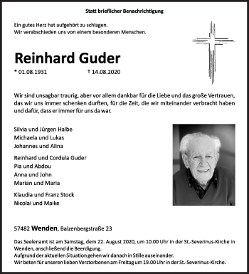 Traueranzeige von Reinhard Guder von Siegener Zeitung
