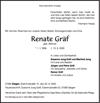 Traueranzeige von Renate Gräf von Siegener Zeitung