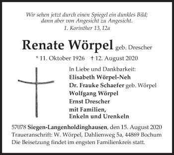Traueranzeige von Renate Wörpel von Siegener Zeitung