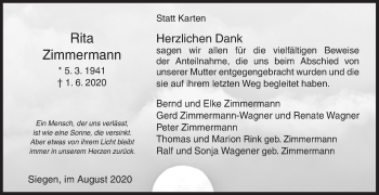 Traueranzeige von Rita Zimmermann von Siegener Zeitung