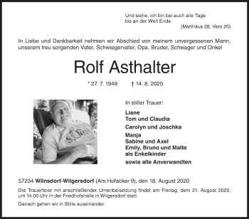 Traueranzeige von Rolf Asthalter von Siegener Zeitung