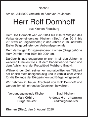 Traueranzeige von Rolf Dornhoff von Siegener Zeitung
